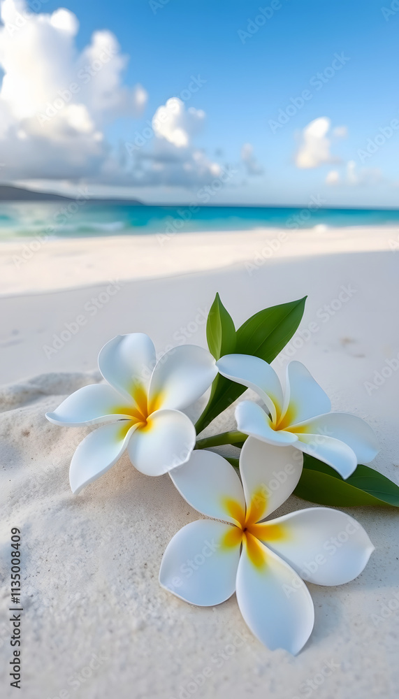 A serene beach panorama, showcasing the calming beauty of nature. White plumeria flowers adorn the pristine sand, symbolizing tranquility, serenity, and the allure of paradise. The azure ocean and f