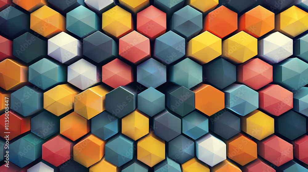 Geometric Hexagon Pattern: A vibrant abstract design featuring a tessellated pattern of colorful, geometric hexagons. The intricate arrangement of shapes creates a sense of depth and movement. Geometric Hexagon Pattern: A vibrant abstract design featuring a tessellated pattern of colorful, geometric hexagons. The intricate arrangement of shapes creates a sense of depth and movement.
