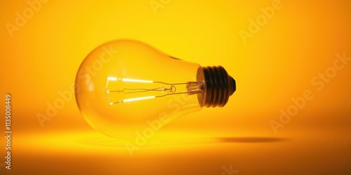 A single light bulb laying on its side against a vibrant yellow background. The bulb is lit, casting a warm glow.