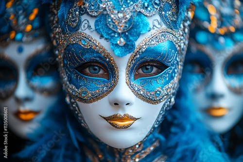  An elegant display of carnival masks decorated with intricate patterns, feathers, glitter and jewels