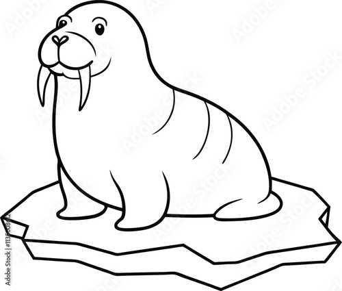 Adorable Cartoon Walrus on Ice Floe, Arctic Animal Drawing