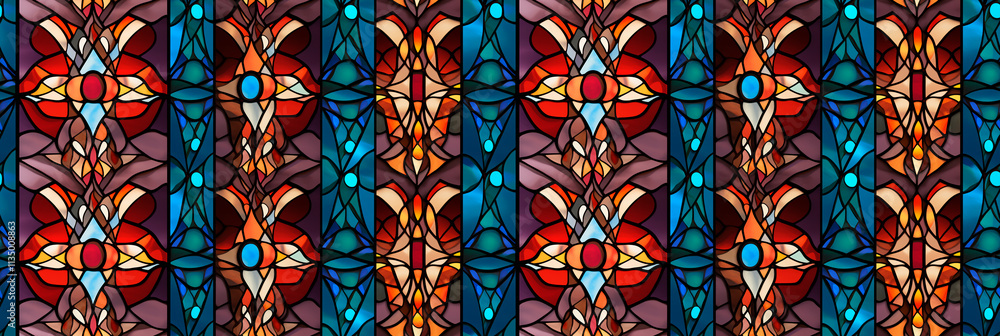 Stained glass window motifs, colorful and segmented, traditional yet abstract. Background, seamless pattern. Stained glass window motifs, colorful and segmented, traditional yet abstract. Background, seamless pattern.