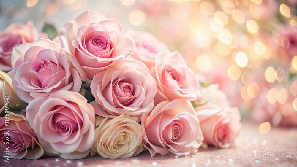 Obraz premium A Delicate Arrangement of Pastel Pink Roses with a Softly Blurred Background of Golden Bokeh Lights