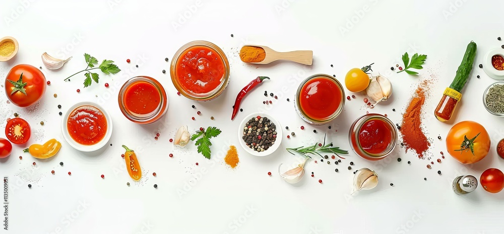 Stylistic shot of tomato sauce, ketchup, and sauces in jars surrounded by vegetables on a white background with copy space. On the right side, there is an array of spices, tomato ketchup and mustard Stylistic shot of tomato sauce, ketchup, and sauces in jars surrounded by vegetables on a white background with copy space. On the right side, there is an array of spices, tomato ketchup and mustard
