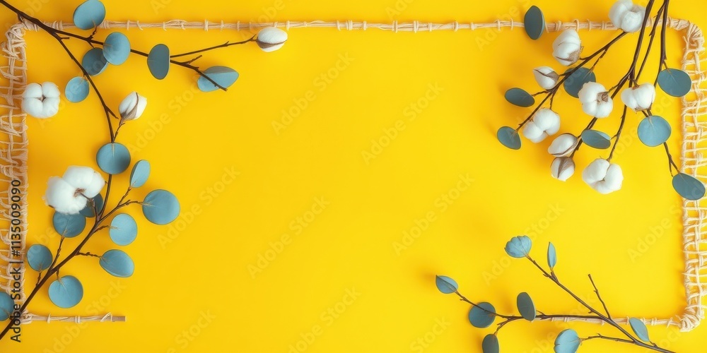 Fototapeta premium A Simple Yet Elegant Arrangement of Cotton and Eucalyptus Branches on a Vibrant Yellow Background