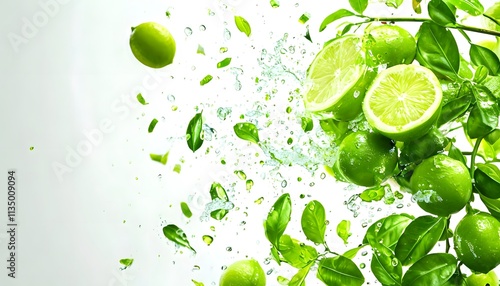 Limes flying on a white background, Lime Juice drops everywhere.  photo