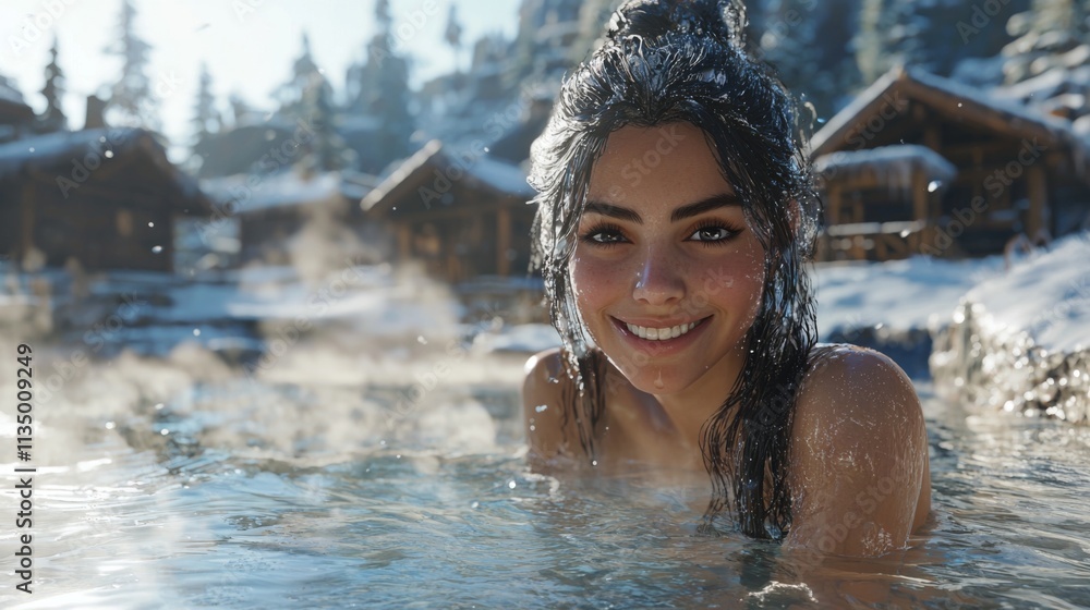 Fototapeta premium Smiling woman enjoying a hot spring in a serene winter scene