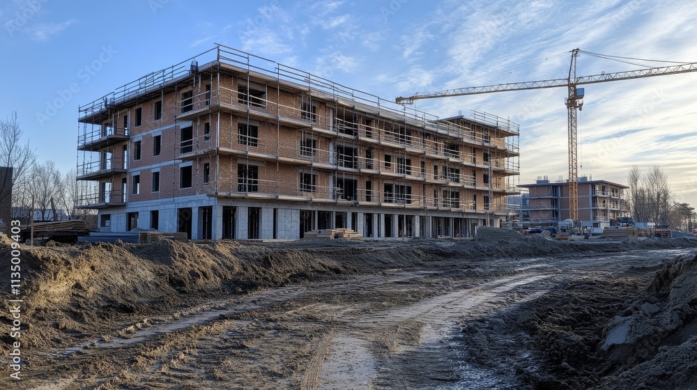 Construction site of an unfinished modern building in daylight Construction site of an unfinished modern building in daylight