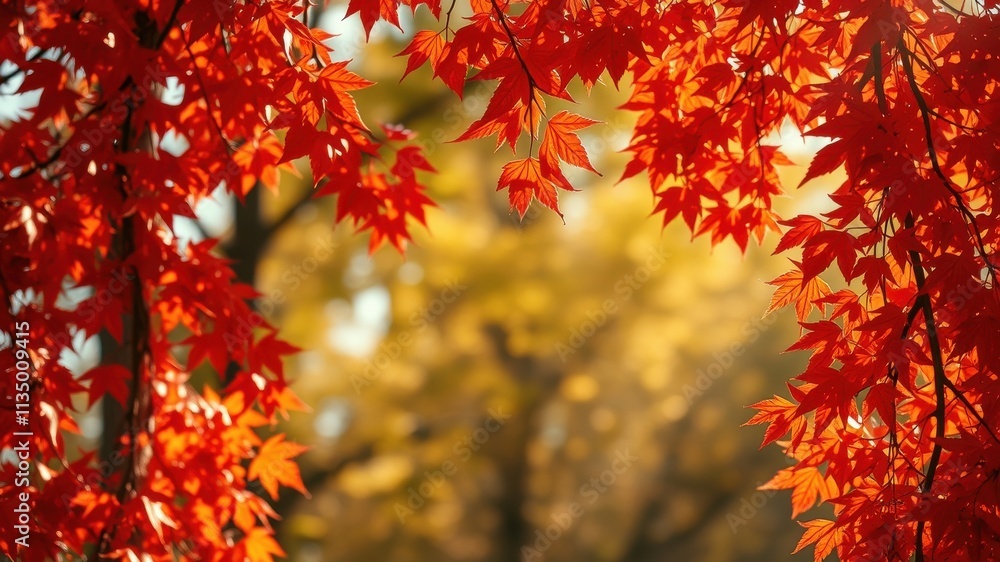 A vibrant display of crimson maple leaves against a soft, golden backdrop, showcasing the beauty of autumn's transition A vibrant display of crimson maple leaves against a soft, golden backdrop, showcasing the beauty of autumn's transition