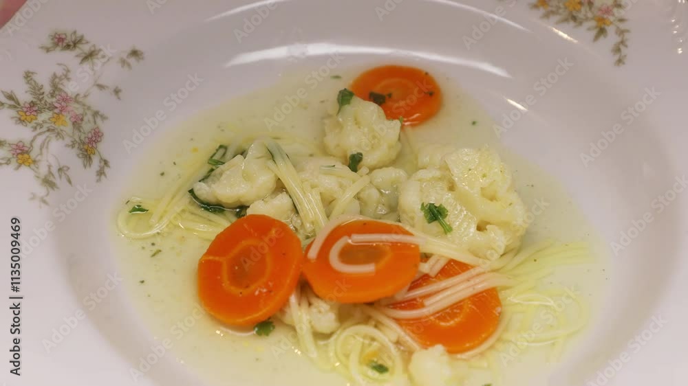 Pouring chicken noodle soup with fresh vegetables and herbs Pouring chicken noodle soup with fresh vegetables and herbs