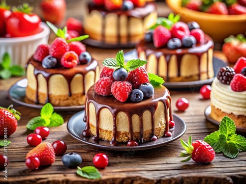 Indulge in a Tilt-Shift Photography Delight of Exquisite Cakes with Chocolate Syrup and Fresh Berries, Perfectly Arranged on a Plate for an Irresistible Dessert Experience