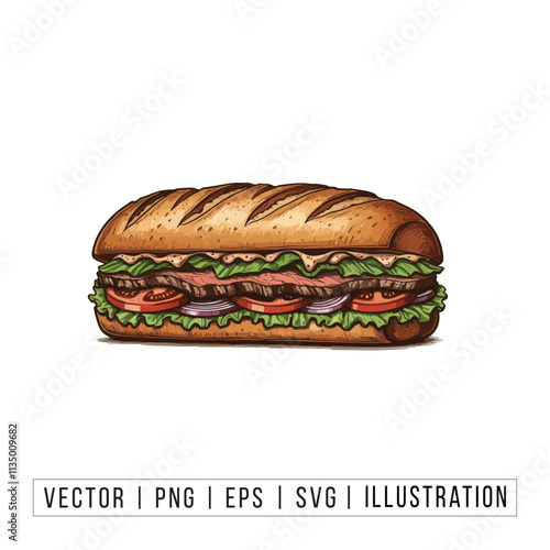 Delicious Submarine Sandwich with Fresh Toppings - Food Illustration