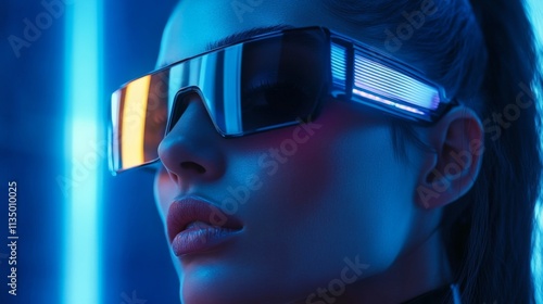 Stylish woman in glowing blue sunglasses in a modern setting