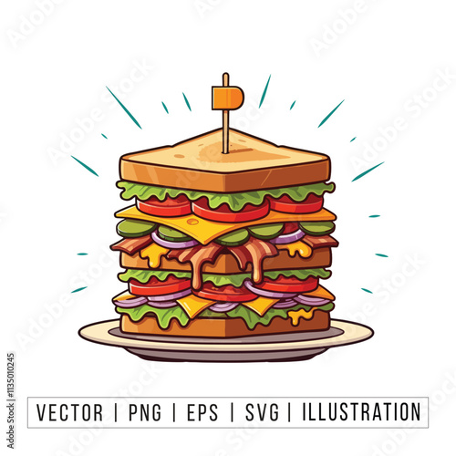 Delicious Club Sandwich with Layers - Food Illustration Vector