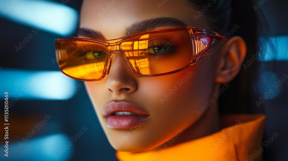 Fashion model wearing vibrant yellow sunglasses in artistic lighting Fashion model wearing vibrant yellow sunglasses in artistic lighting