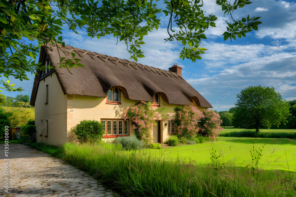 A lovely, charming home in the Cotswolds A thatched cottage and garden under a cloudy sky in the summer. A lovely, charming home in the Cotswolds A thatched cottage and garden under a cloudy sky in the summer.