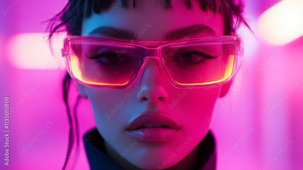 Model in neon pink sunglasses with dramatic lighting Model in neon pink sunglasses with dramatic lighting