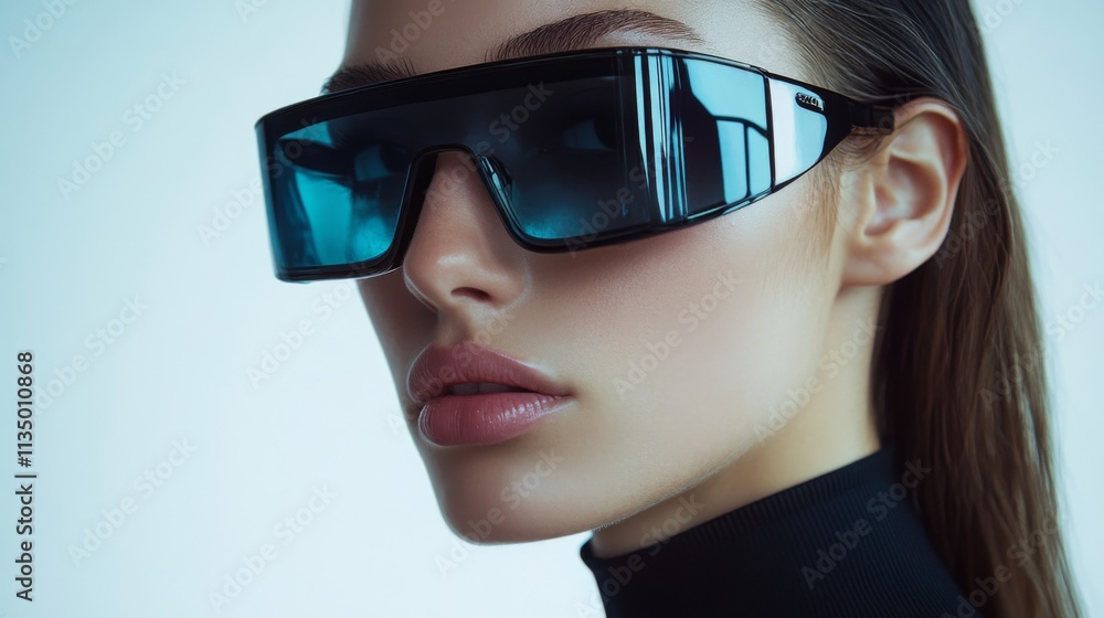 Fashionable woman in reflective black sunglasses and sharp angles Fashionable woman in reflective black sunglasses and sharp angles