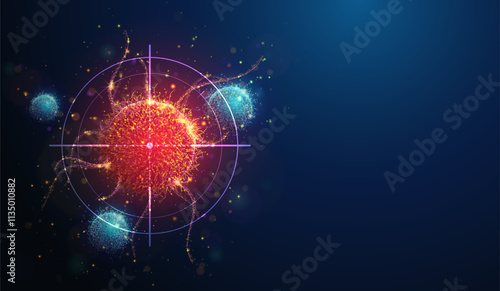 Abstract vertical illustration of targeting cancer cell made of glowing neon particles. Blue geometric background depicting cancer cell screening and disease treatment medical concept. Digital art