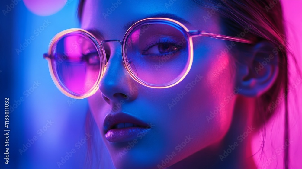 Fashionable woman in futuristic clear glasses with vibrant glow Fashionable woman in futuristic clear glasses with vibrant glow