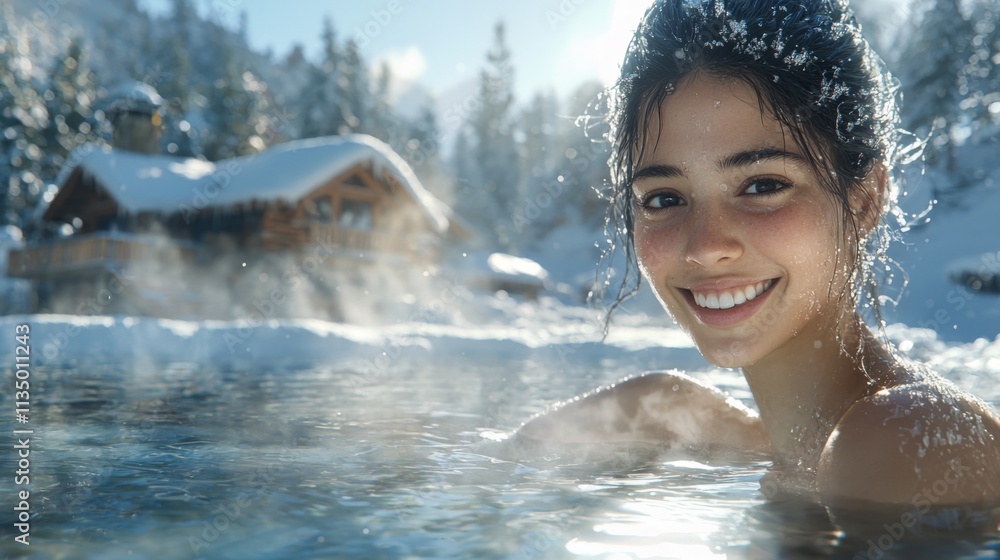Obraz premium Smiling woman enjoying an outdoor hot spring surrounded by snowy mountains