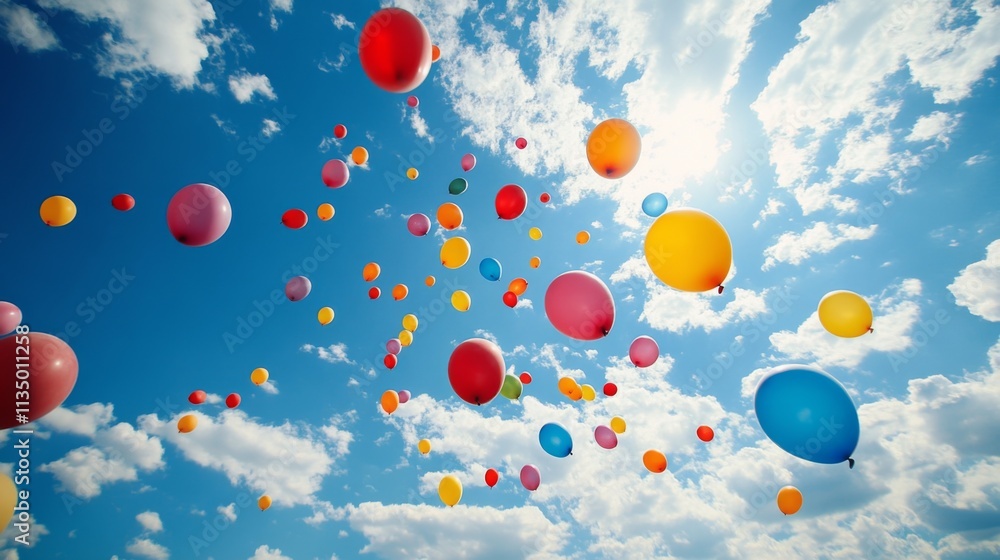 Colorful balloons floating in a bright blue sky during a celebration Colorful balloons floating in a bright blue sky during a celebration