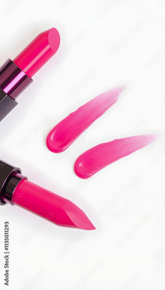 Two vibrant and glossy pink lipstick smears on a white background showcasing makeup and cosmetic products in a beauty concept, angled photoshot Two vibrant and glossy pink lipstick smears on a white background showcasing makeup and cosmetic products in a beauty concept, angled photoshot