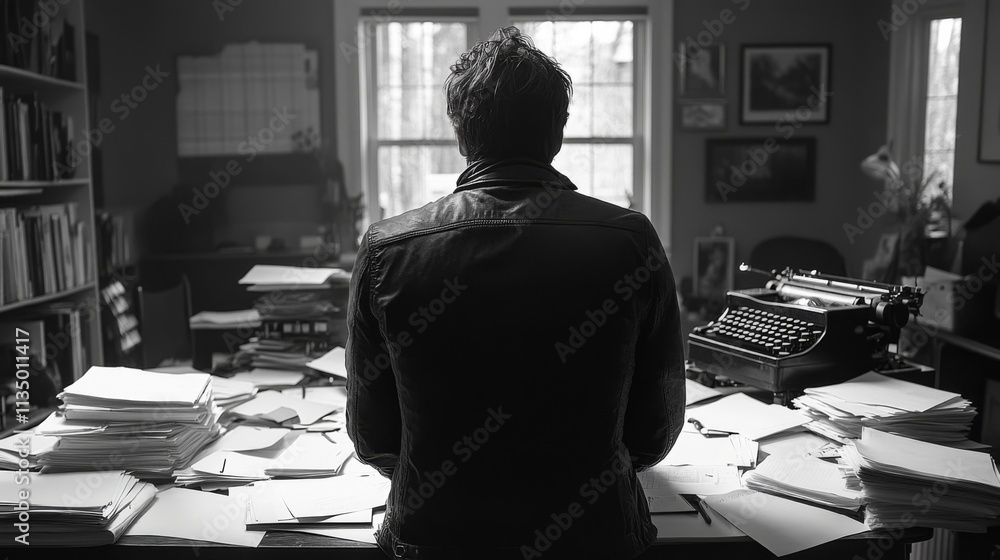 Monochrome scene of a man working at a cluttered desk with papers