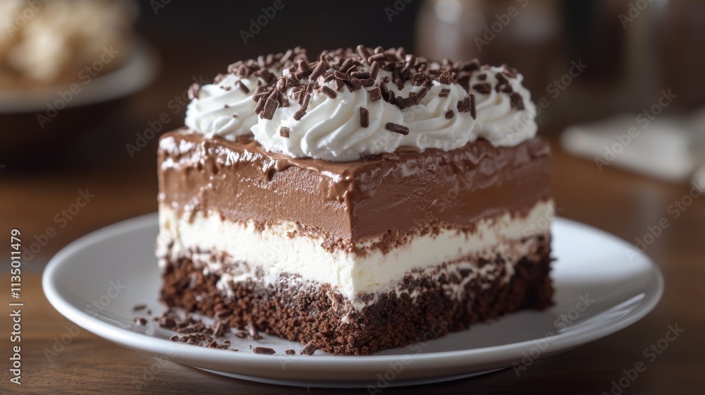 Slice of chocolate mousse cake with whipped cream on a white plate Slice of chocolate mousse cake with whipped cream on a white plate