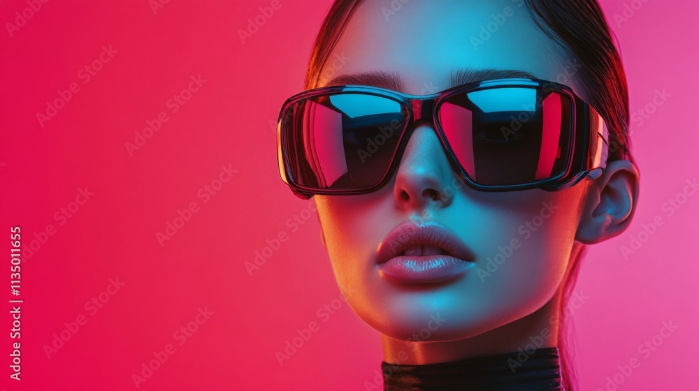 Portrait of a stylish woman in red sunglasses with vibrant pink lighting Portrait of a stylish woman in red sunglasses with vibrant pink lighting