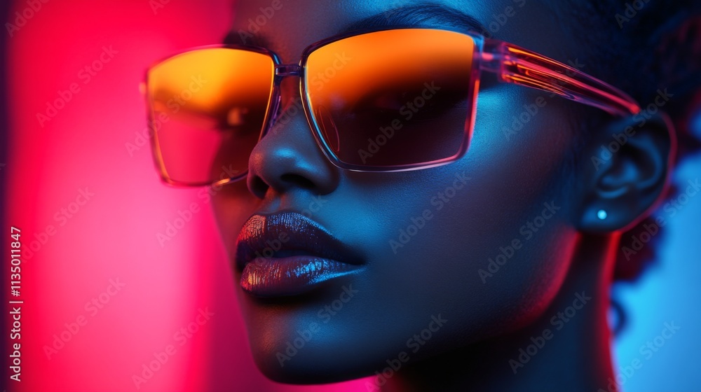 Stylish woman in futuristic sunglasses with a vibrant blue and orange glow Stylish woman in futuristic sunglasses with a vibrant blue and orange glow