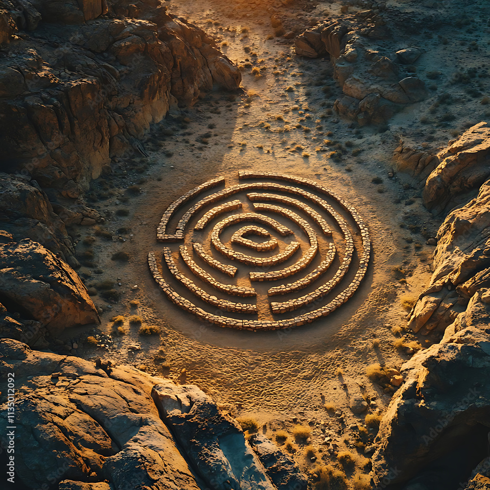 Aerial View of Intricate Stone Labyrinth in Desert Landscape Surrounded by Rugged Rock Formations and Warm Sunset Lightening the Scene