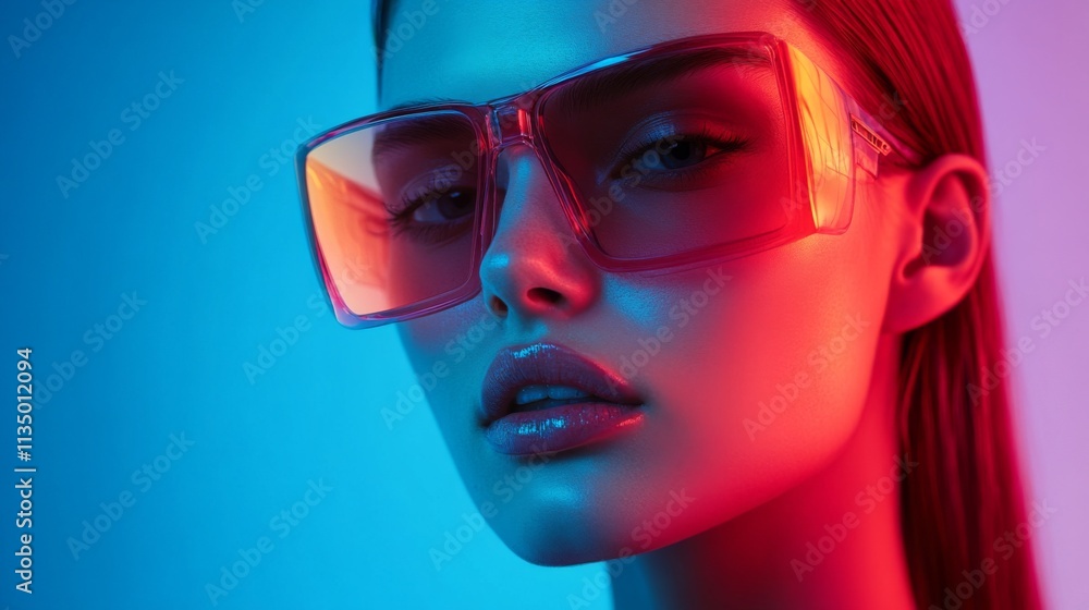 Close-up of a woman wearing red futuristic glasses Close-up of a woman wearing red futuristic glasses