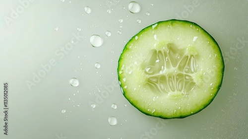 Cucumber Slice with Water Droplets: A close-up shot of a refreshing cucumber slice glistening with water droplets, showcasing its crisp texture and vibrant green hue, symbolizing health, hydration.