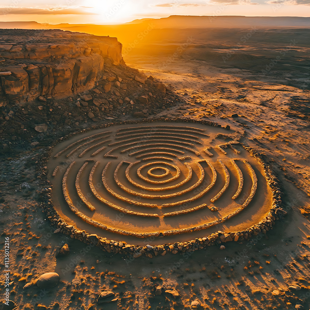 Serene Desert Sunset Over Ancient Stone Labyrinth with Circular Patterns and Warm Light, Capturing Nature's Beauty and Human Creation in Breathtaking Landscape