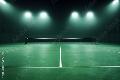 View of a tennis court with light from the spotlights over dark background