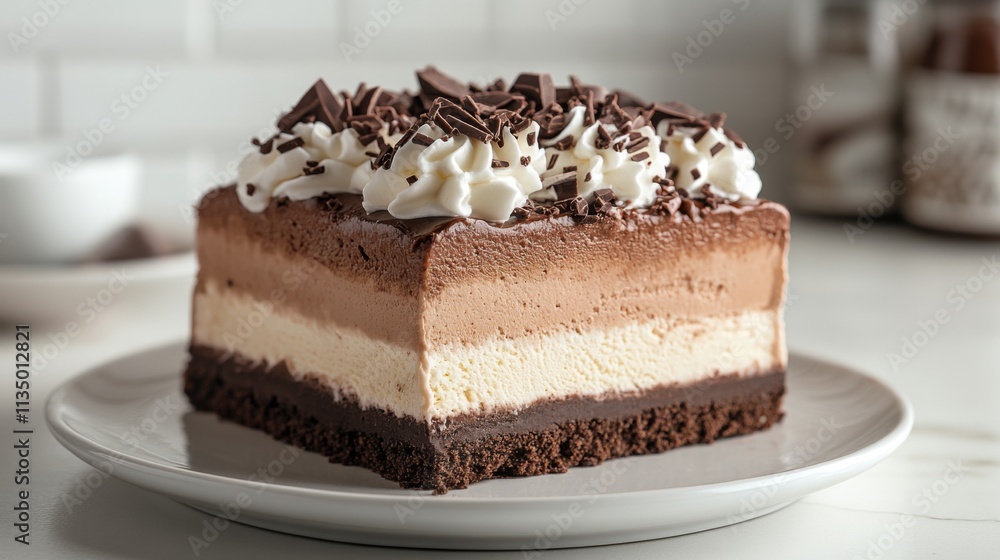 A layered chocolate cake with whipped cream and chocolate shavings on a plate A layered chocolate cake with whipped cream and chocolate shavings on a plate