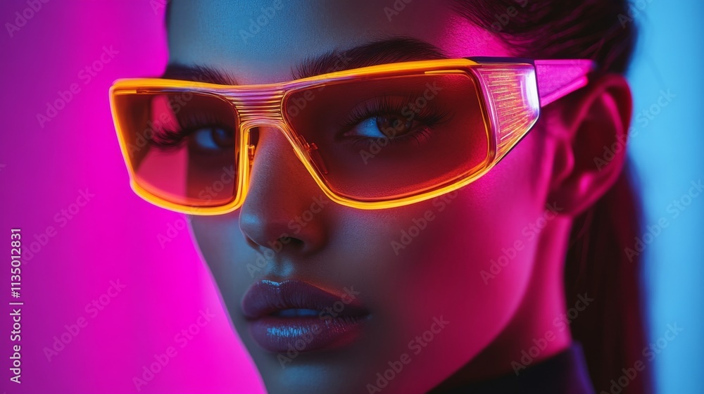 A futuristic portrait of a woman wearing bold pink sunglasses with vibrant neon glow A futuristic portrait of a woman wearing bold pink sunglasses with vibrant neon glow
