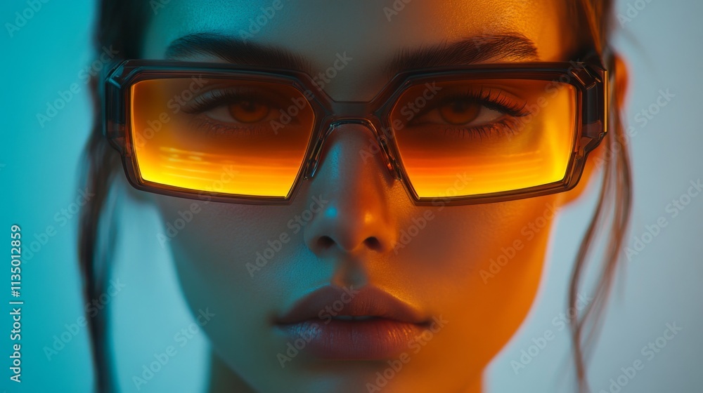 A futuristic portrait of a woman in bold sunglasses with yellow accents A futuristic portrait of a woman in bold sunglasses with yellow accents