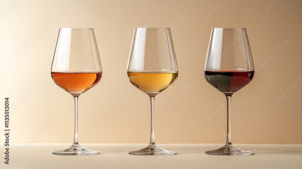 Three wine glasses with red and white wine on a beige background Three wine glasses with red and white wine on a beige background