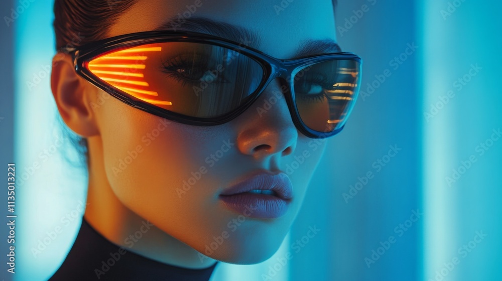 Fashionable woman in futuristic sunglasses posing in vibrant neon lights Fashionable woman in futuristic sunglasses posing in vibrant neon lights