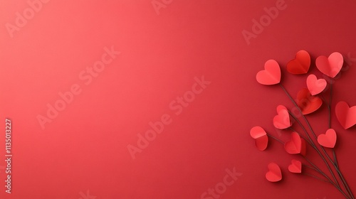 Love-filled Valentine's Day background with vibrant red surface and red & pink paper hearts for celebration and romance