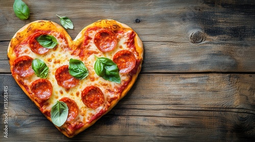 heart-shaped pepperoni pizza with fresh basil on rustic wooden background