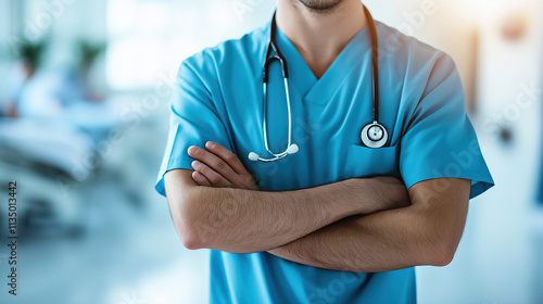 Portrait of a healthcare professional, background blurred,he or she is likely working at a medical institution or hospital and may relate to themes of healthcare, medicine, or well-being. photo