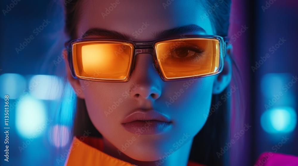 Stylish woman in bold yellow futuristic glasses under neon lighting Stylish woman in bold yellow futuristic glasses under neon lighting