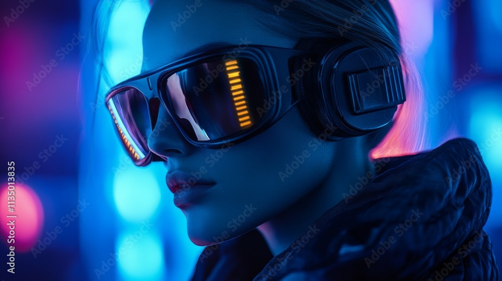 Stylish woman in futuristic reflective sunglasses with glowing accents Stylish woman in futuristic reflective sunglasses with glowing accents