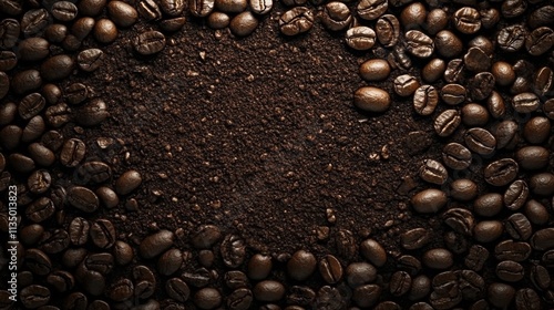 Close-up of roasted coffee beans spread on a wooden surface