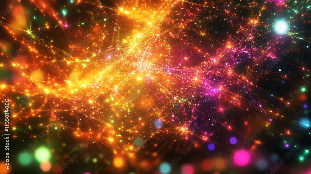 Vibrant abstract background with colorful glowing particles and bokeh lights, creating a dynamic and energetic cosmic scene.