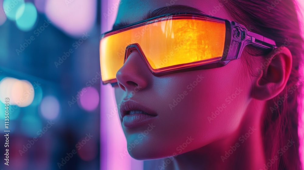 Stylish woman in yellow futuristic sunglasses under neon lighting Stylish woman in yellow futuristic sunglasses under neon lighting