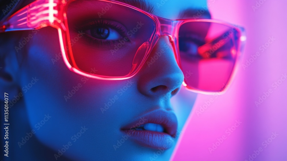 Close-up of a woman in pink futuristic sunglasses under neon blue lighting Close-up of a woman in pink futuristic sunglasses under neon blue lighting
